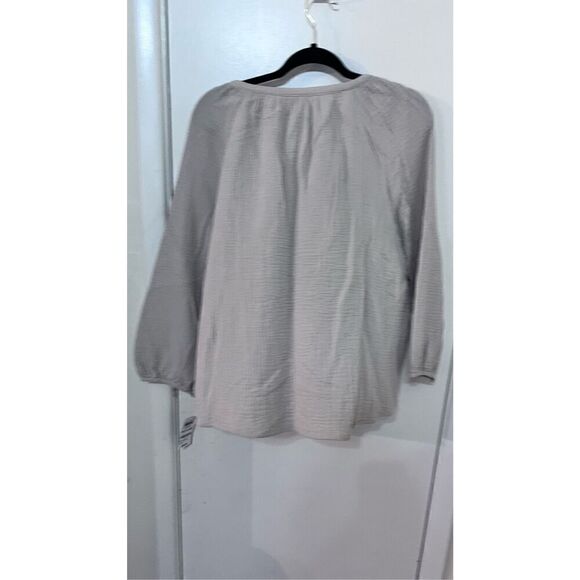 JM COLLECTION TAN GAUZE GOLD TRIM BOHO BLOUSE TOP WOMENS SZ PETITE L P1-284 - Picture 9 of 13